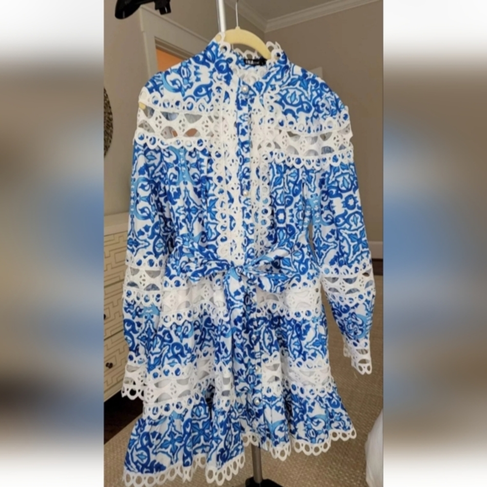 Blue and White Embellished Ruffled Midi Dress
